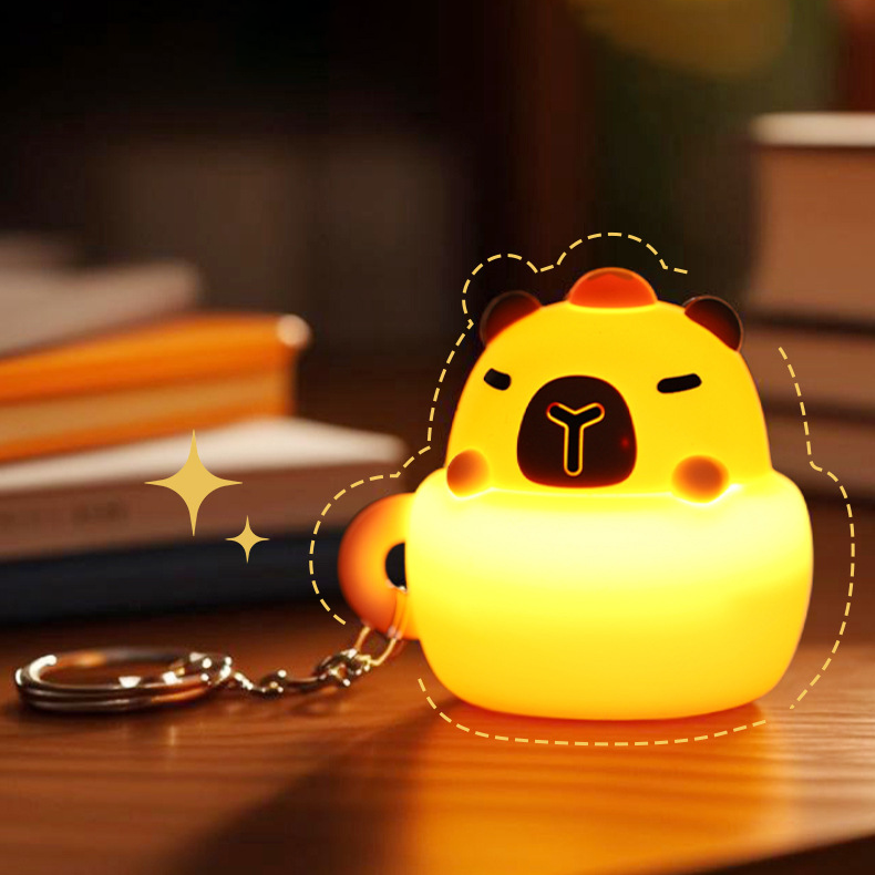 Mini Capybara LED Keychain Night Light Silicone Squishy Coffee Cup USB Rechargeable Lamp