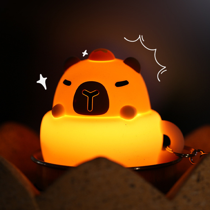 Mini Capybara LED Keychain Night Light Silicone Squishy Coffee Cup USB Rechargeable Lamp